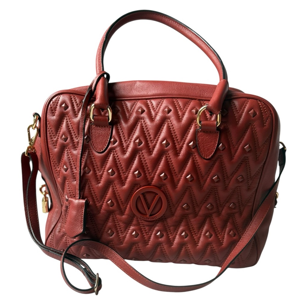 Valentino By Mario Valentino Maggie Diamond Satchel Red Quilted Studded Bag